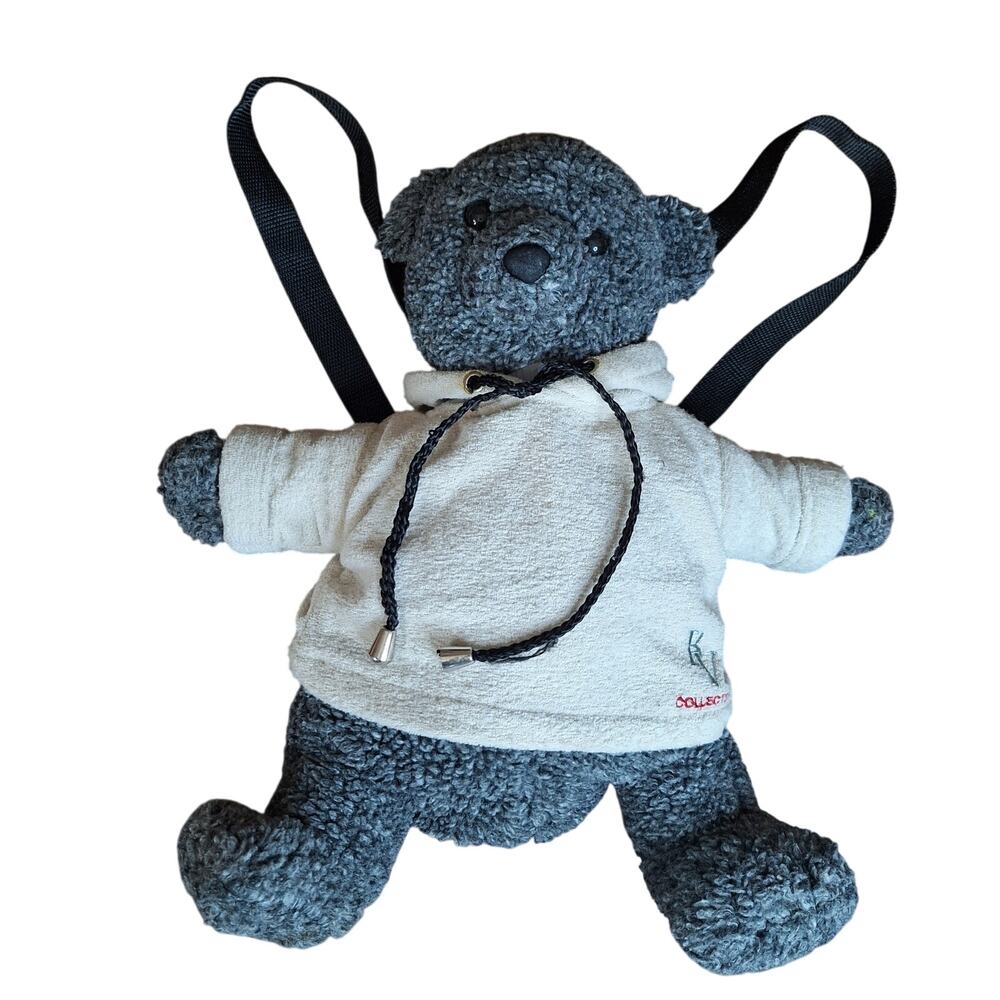 RARE VTG BV Collection Plush Teddy Bear Backpack Dark Gray Cream Hoodie Y2K 18"